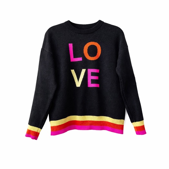 the tellier Sweaters - The Tellier LOVE Graphic Knit Sweater Black Rainbow Stripe Women’s Small